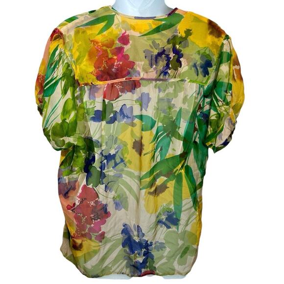 Jenny Han Colorful Watercolor Floral Blouse Sz XS 100% Silk Oversized Semi-Sheer - Picture 8 of 11